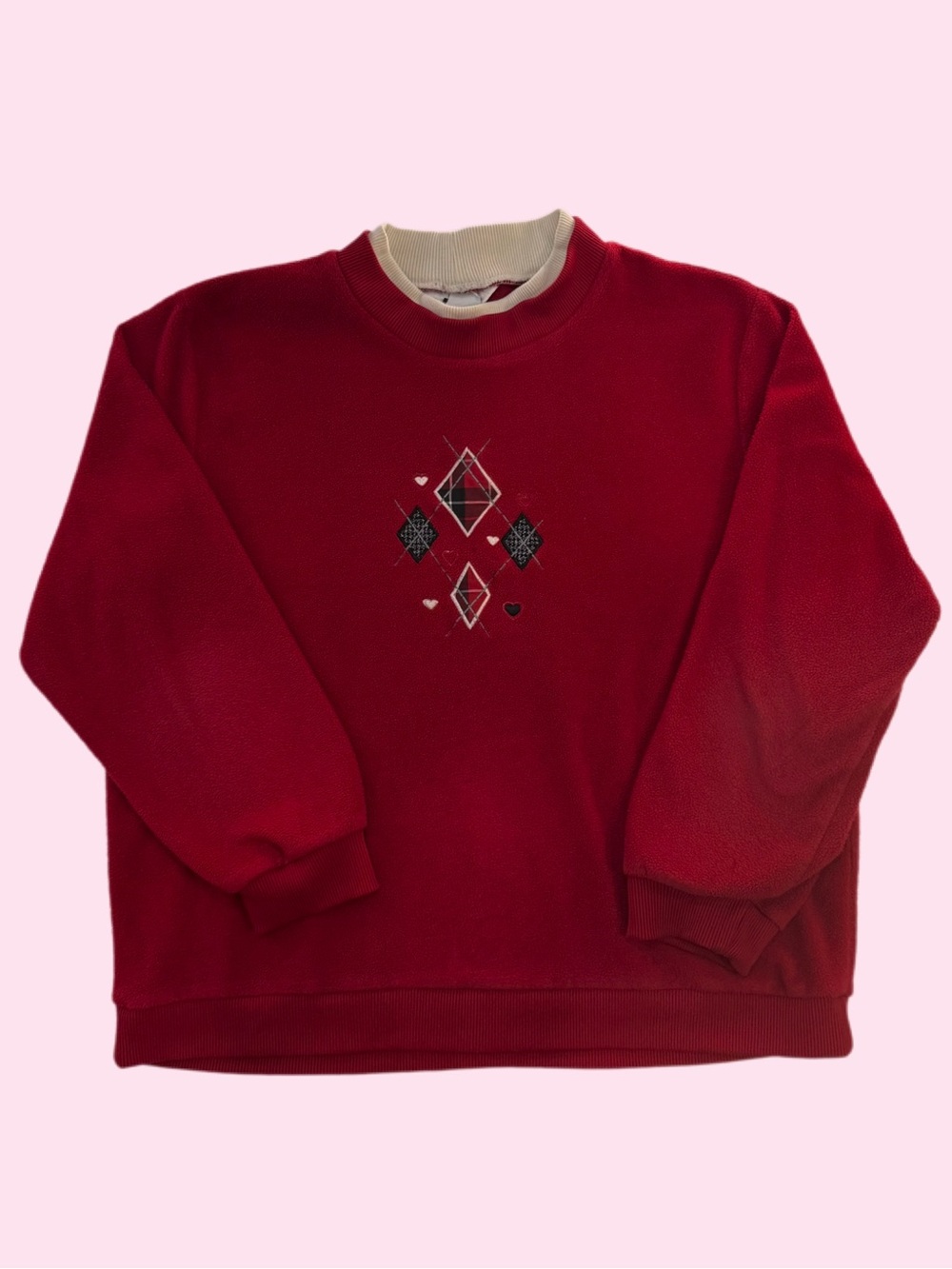 Vintage 90s Alia Fleece Crewneck Diamond Appliqué Cottagecore Dark Red Large
